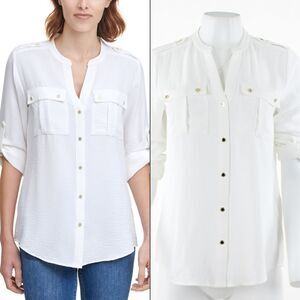 Calvin Klein Textured Roll Tab Button Down Soft White Blouse